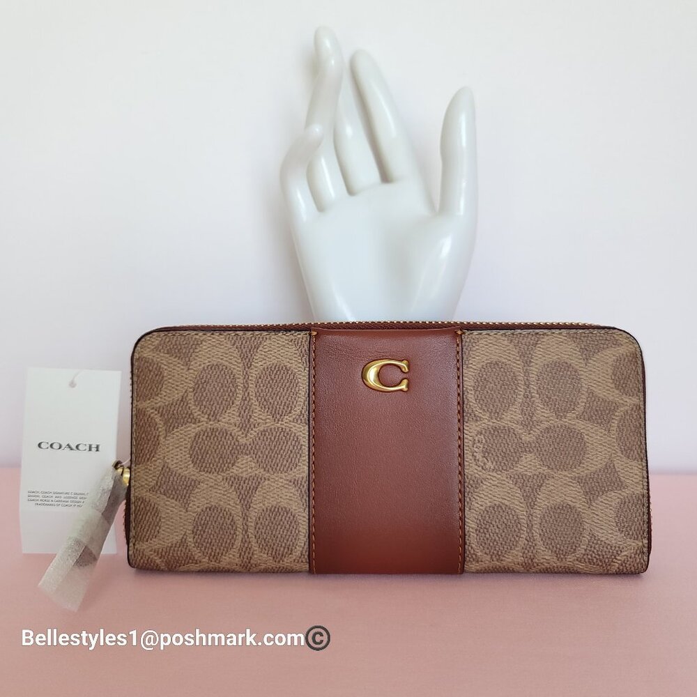 COACH Slim Accordion Zip Wallet In Signature Canvas with Back Slip Pocket-Tan R⭐